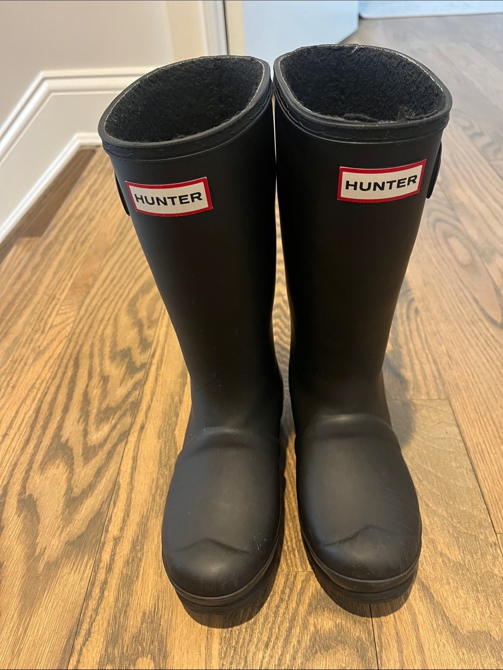 Hunter Matte Black Mid-Rise Rubber Rain Boots with Red Logo